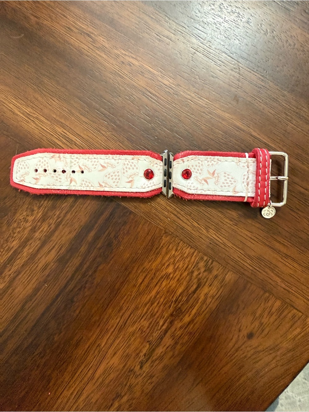 Red & Cream Strawberry Print Watch Band with Red Gem Accents Sparkl Watch Band. - Picture 2 of 5